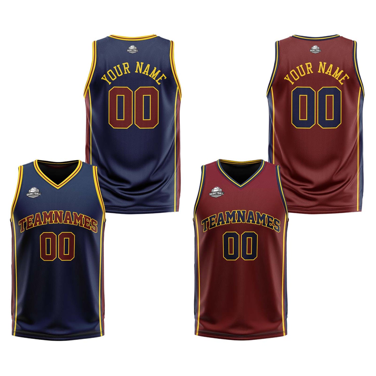 Custom Navy Wine Yellow Reversible Basketball Suit for Adults and Kids Personalized Jersey