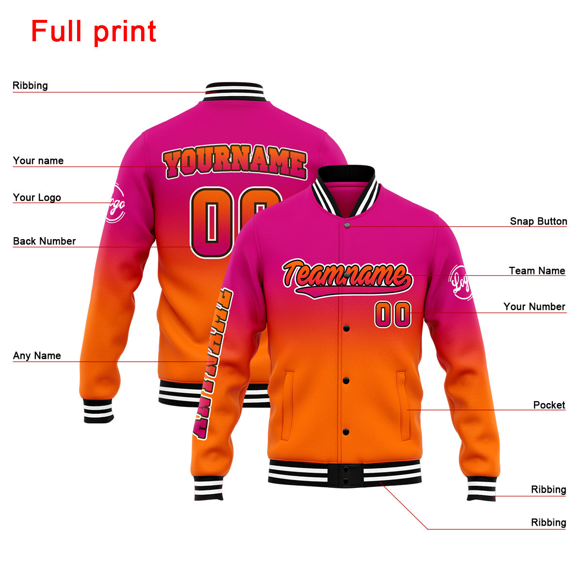 Custom Gradient Varsity Jacket Letterman jacket for Men, Women and Youth Rose Orange