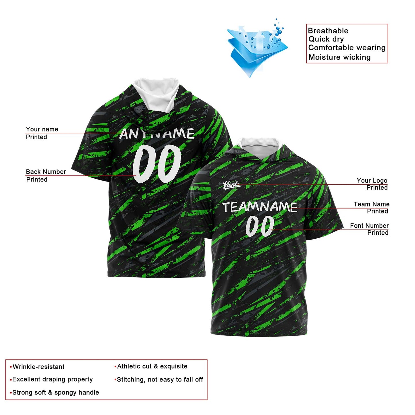 Custom Black Green Hooded T-Shirt Short Sleeve Hoodies for Men Women Shirts with Hoods Printed Name Logo