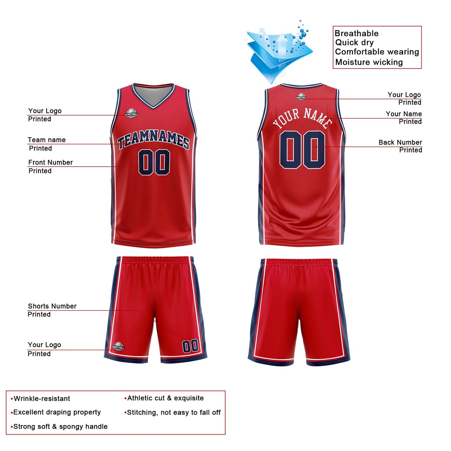 Custom Red White Navy Reversible Basketball Suit for Adults and Kids Personalized Jersey