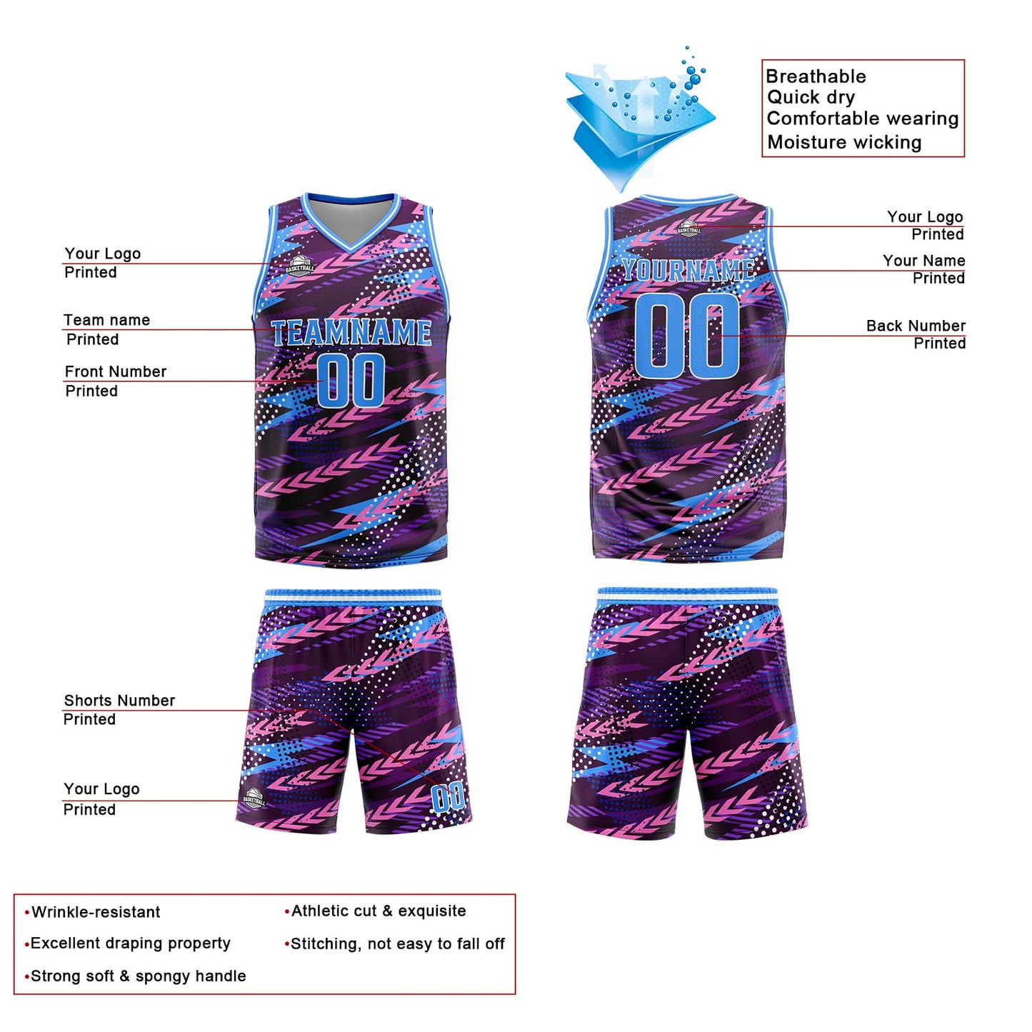 Custom Pink Blue Basketball Jersey Uniform Suit Printed Your Logo Name Number