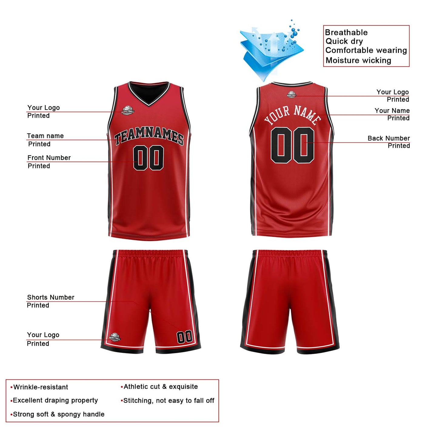 Custom Red Black White Reversible Basketball Suit for Adults and Kids Personalized Jersey