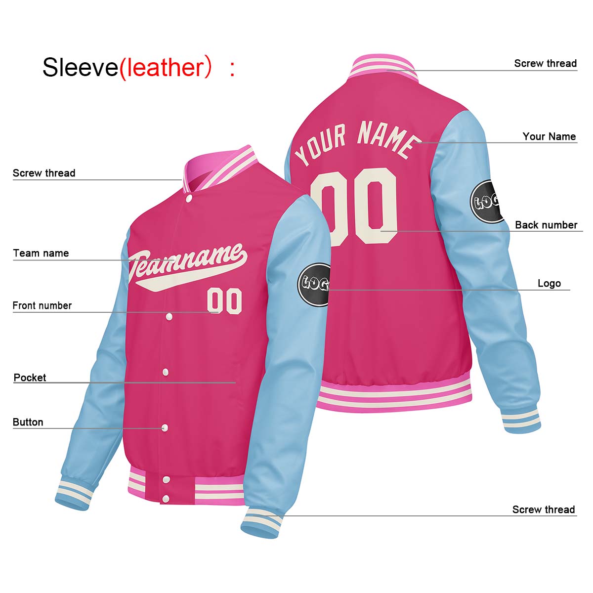 Custom Pink Light Blue Varsity Jackets for Men Women Youth Personalized Letterman Jackets