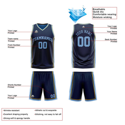 Custom Navy Light Blue Yellow Reversible Basketball Suit for Adults and Kids Personalized Jersey