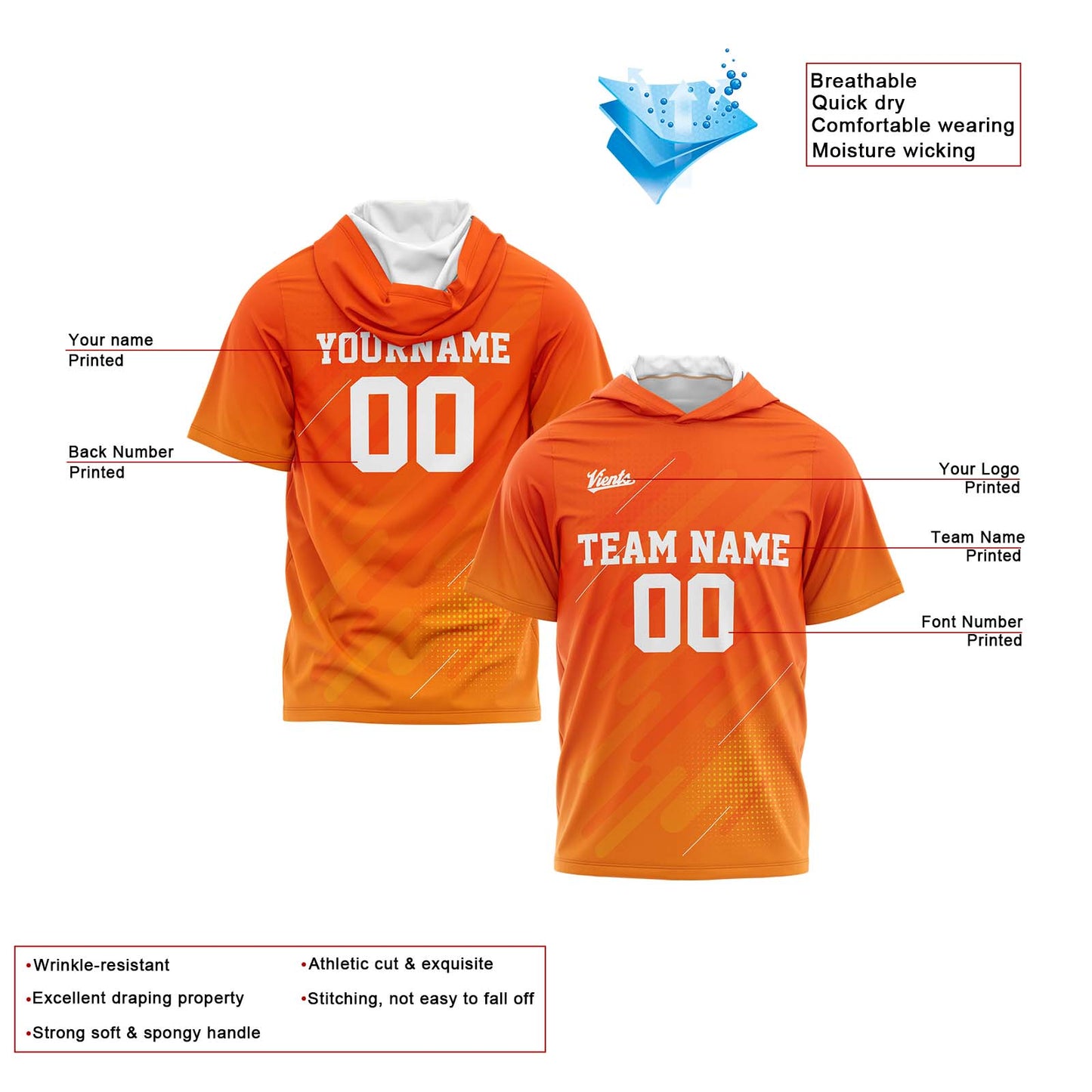 Custom Orange Short Sleeve Hoodies for Men Women Shirts with Hoods Printed Name Logo