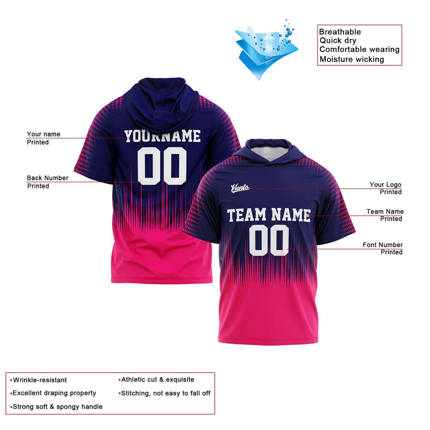 Custom Navy Pink Short Sleeve Hoodies for Men Women Shirts with Hoods Printed Name Logo