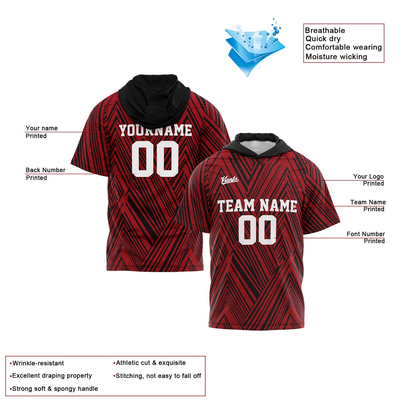 Custom Black Red Short Sleeve Hoodies for Men Women Shirts with Hoods Printed Name Logo