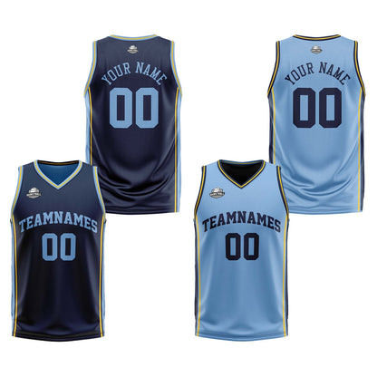 Custom Navy Light Blue Yellow Reversible Basketball Suit for Adults and Kids Personalized Jersey