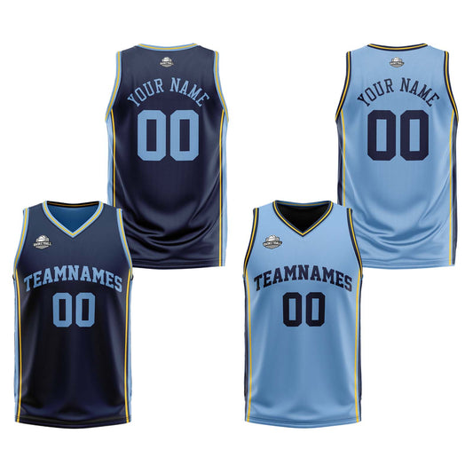 Custom Navy Light Blue Yellow Reversible Basketball Suit for Adults and Kids Personalized Jersey