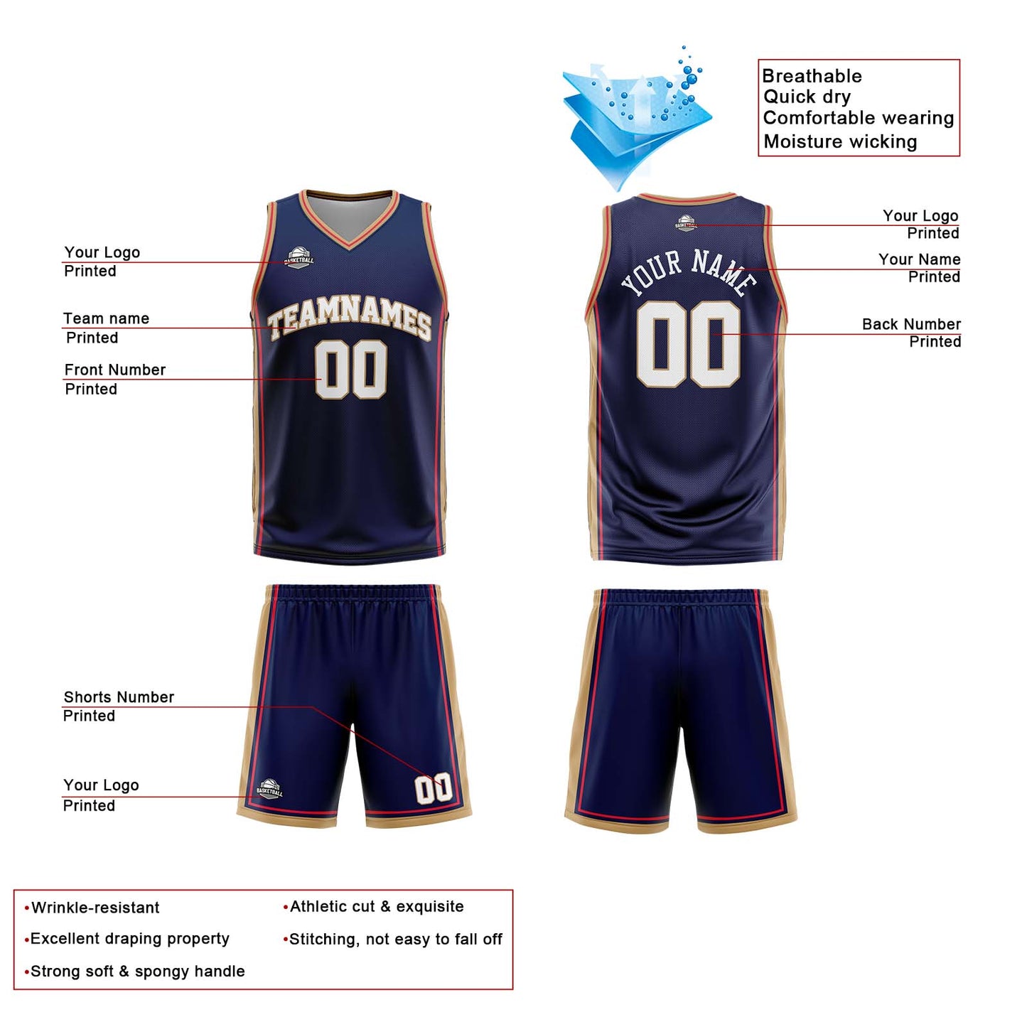 Custom Navy White Gold Reversible Basketball Suit for Adults and Kids Personalized Jersey