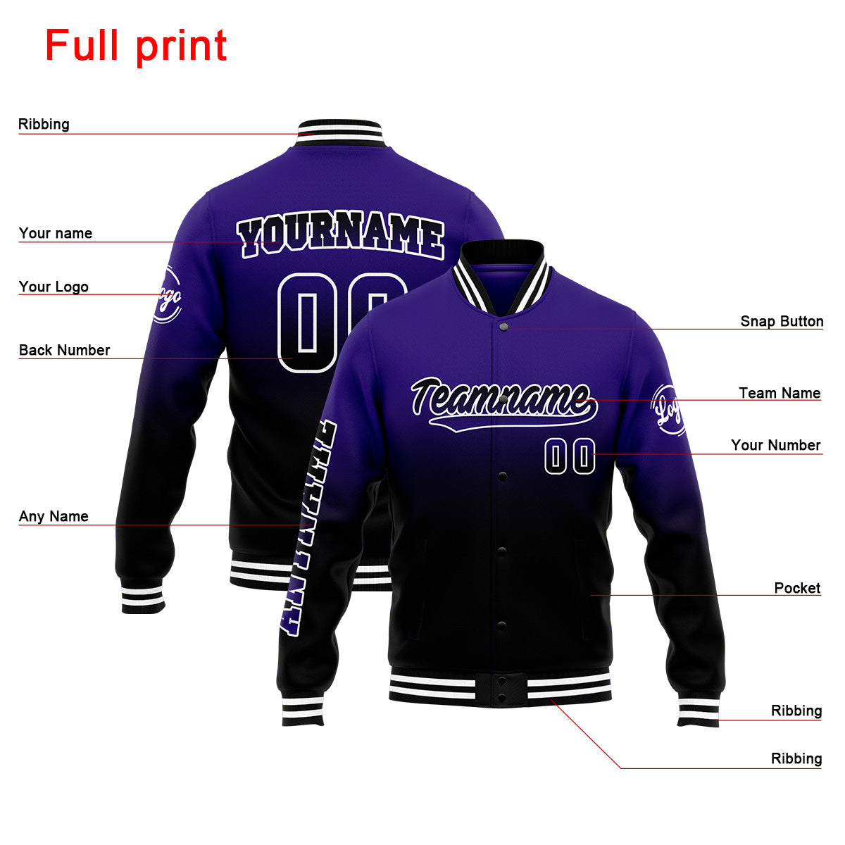 Custom Gradient Varsity Jacket Letterman jacket for Men, Women and Youth Purple Black