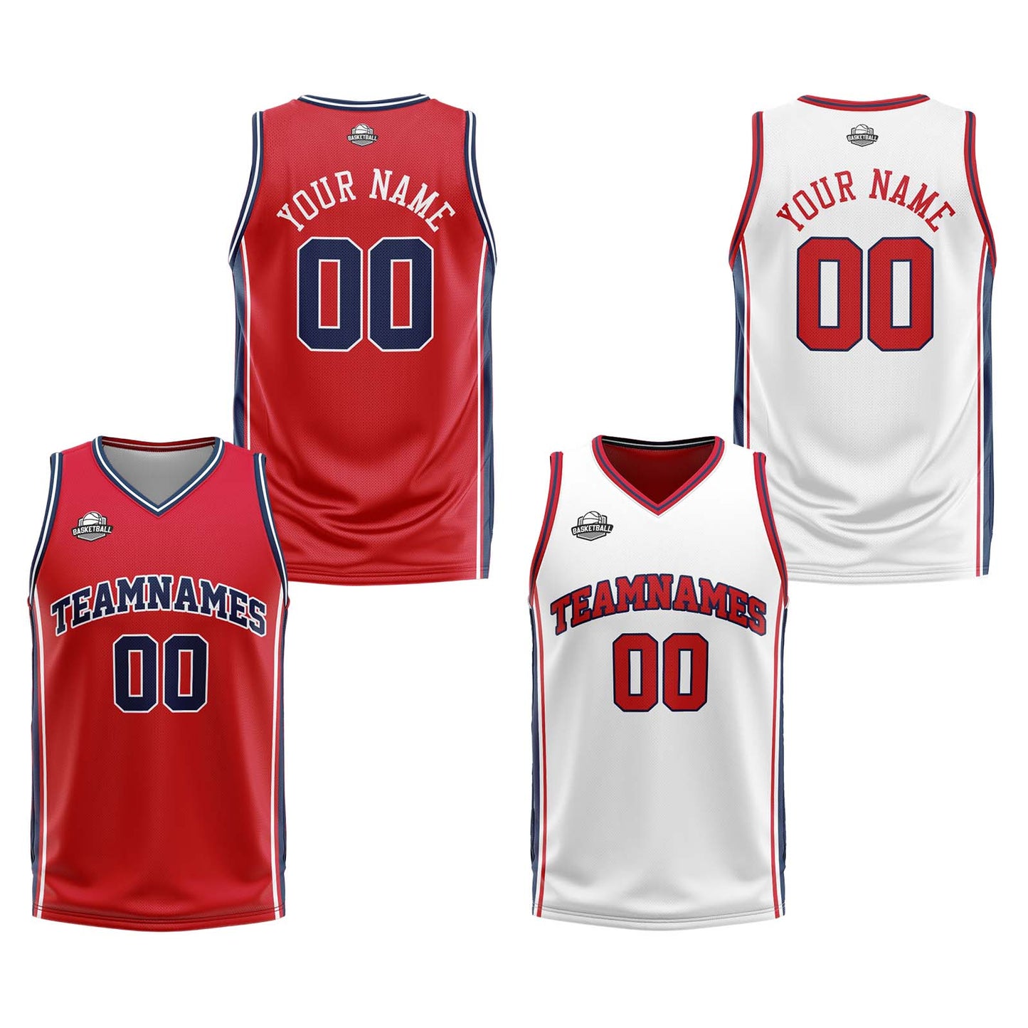 Custom Red White Navy Reversible Basketball Suit for Adults and Kids Personalized Jersey
