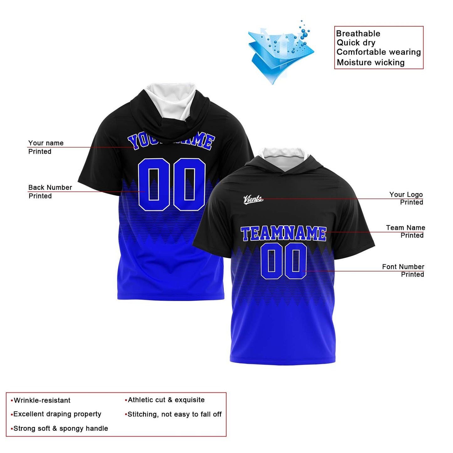 Custom Black Royal Hooded T-Shirt Short Sleeve Hoodies for Men Women Shirts with Hoods Printed Name Logo