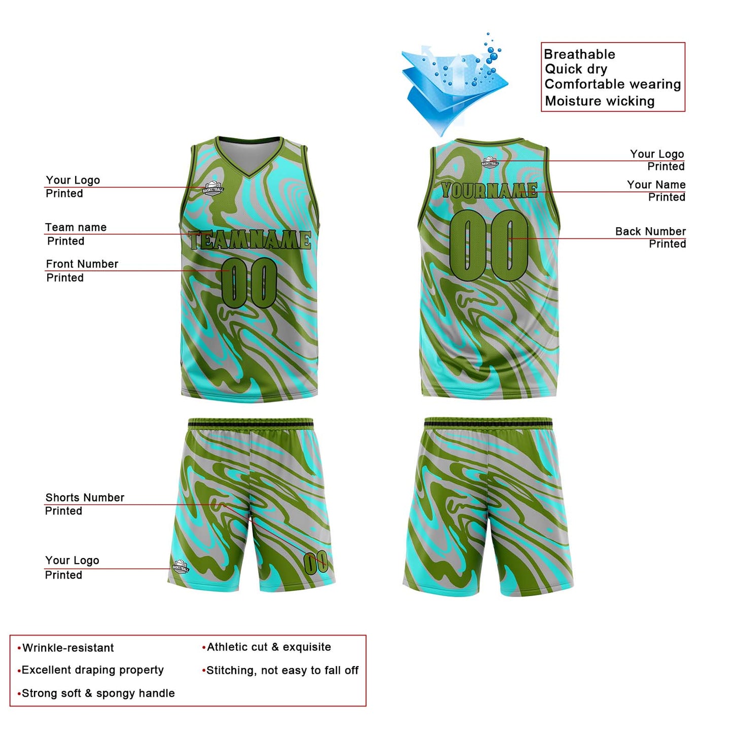 Custom Green Grey Reversible Basketball Suit for Adults and Kids Personalized Jersey