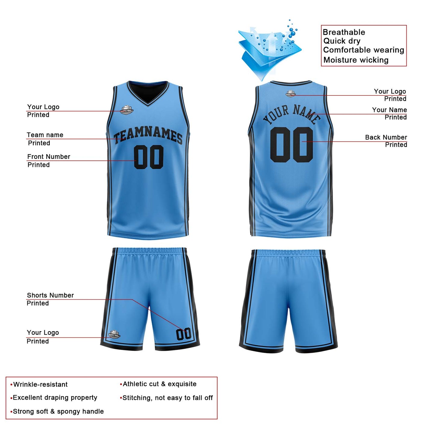 Custom Light Blue Black Reversible Basketball Suit for Adults and Kids Personalized Jersey