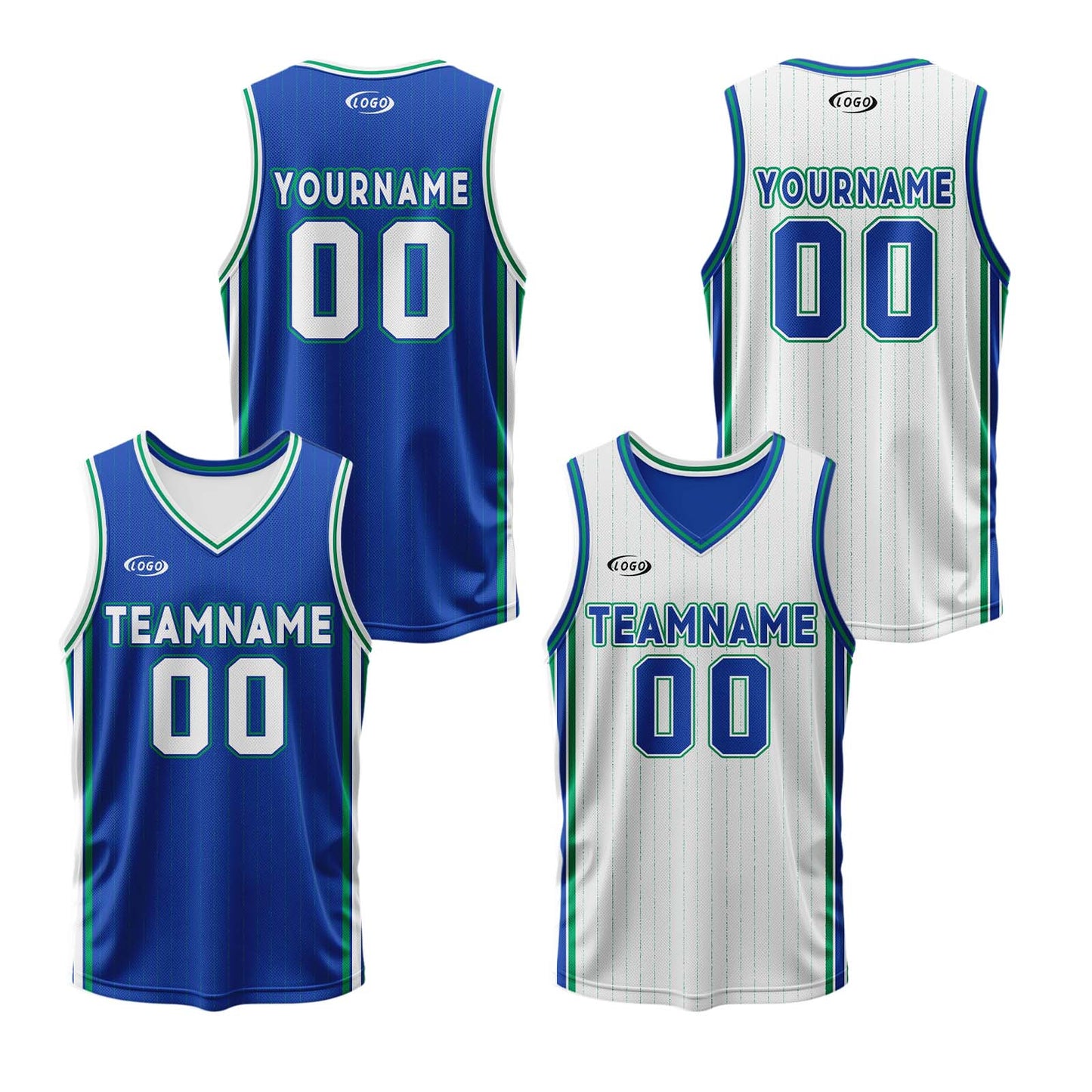 Custom Blue White Green Reversible Basketball Suit for Adults and Kids Personalized Jersey