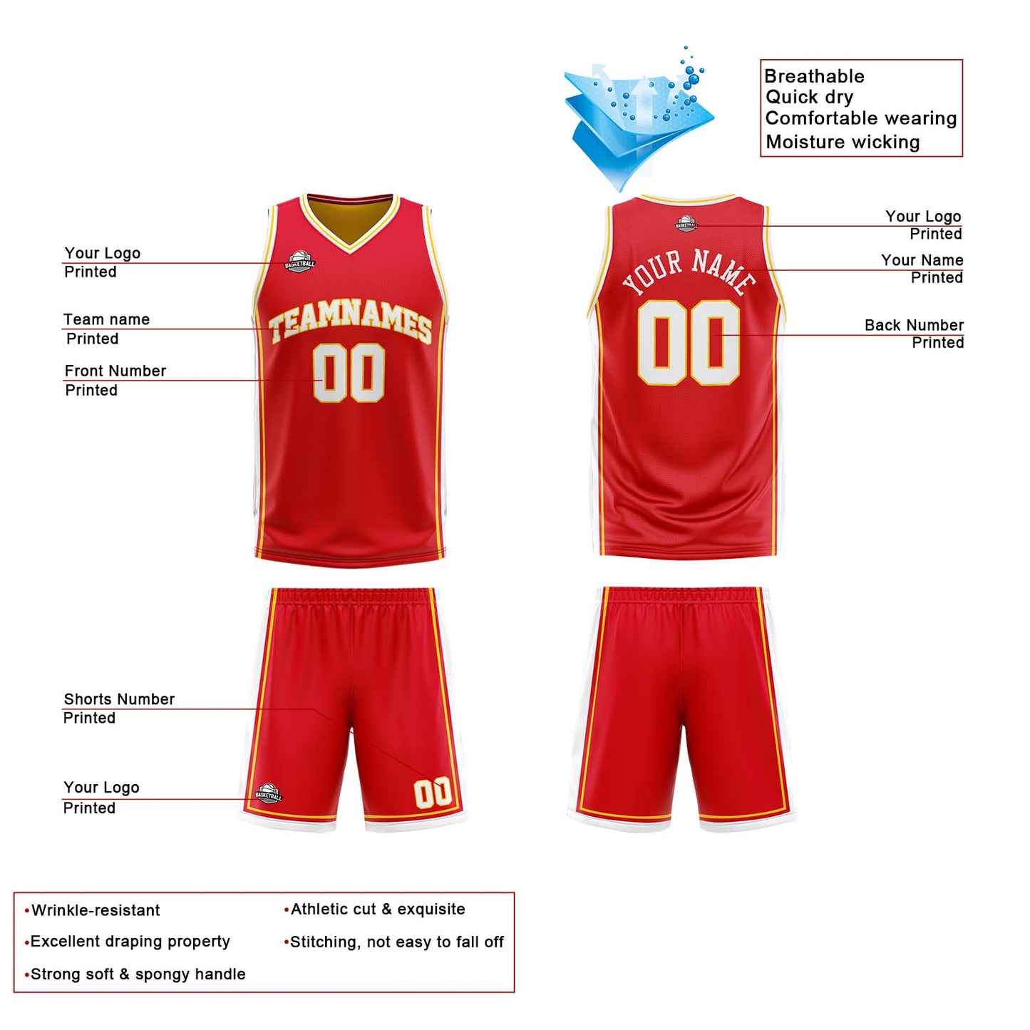 Custom Red Yellow White Reversible Basketball Suit for Adults and Kids Personalized Jersey