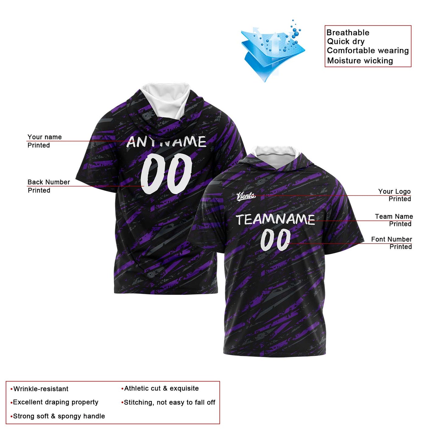 Custom Black Purple Hooded T-Shirt Short Sleeve Hoodies for Men Women Shirts with Hoods Printed Name Logo