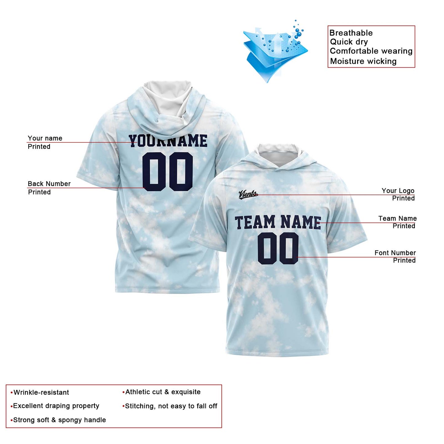 Custom Light Blue Short Sleeve Hoodies for Men Women Shirts with Hoods Printed Name Logo