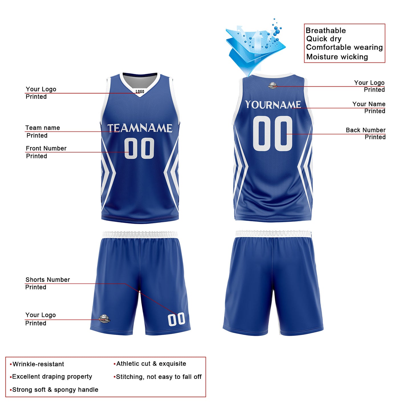 Custom Royal Blue White Reversible Basketball Jersey Uniform Suit Printed Your Logo Name Number