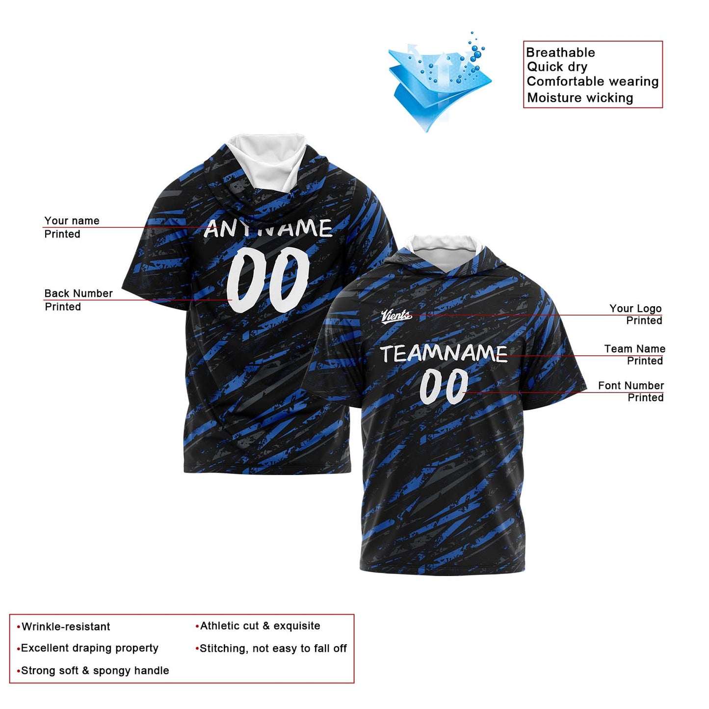 Custom Black Blue Hooded T-Shirt Short Sleeve Hoodies for Men Women Shirts with Hoods Printed Name Logo