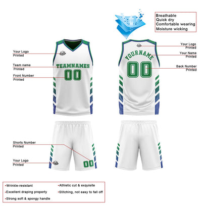 Custom White Green Reversible Basketball Suit for Adults and Kids Personalized Jersey