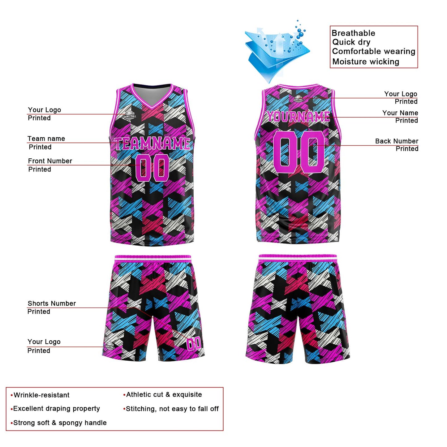 Custom Pink Blue Reversible Basketball Suit for Adults and Kids Personalized Jersey
