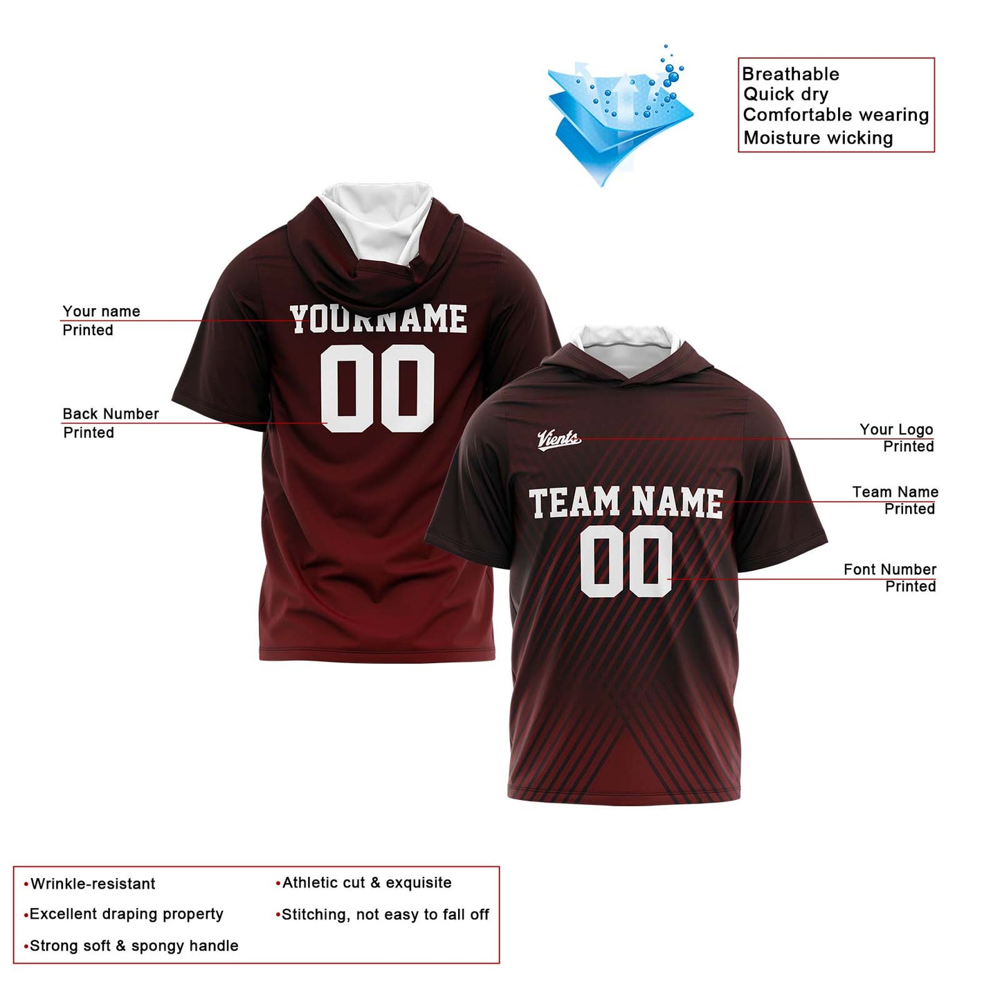 Custom Dark Red Short Sleeve Hoodies for Men Women Shirts with Hoods Printed Name Logo