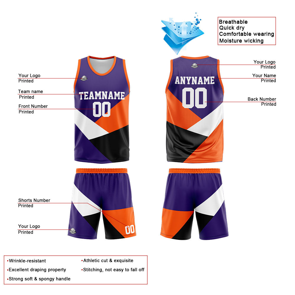 Custom Reversible Basketball Suit for Adults and Kids Personalized Jersey Purple&Orange