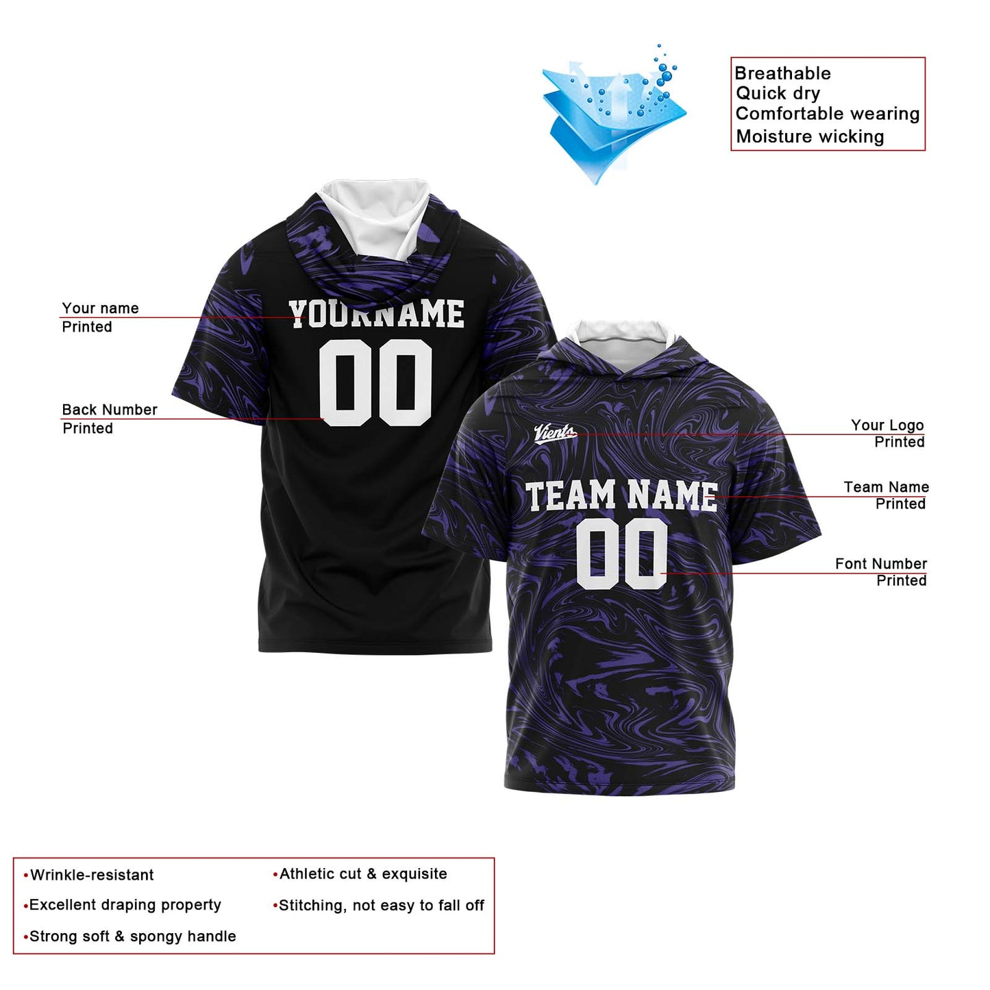 Custom Black Purple Short Sleeve Hoodies for Men Women Shirts with Hoods Printed Name Logo
