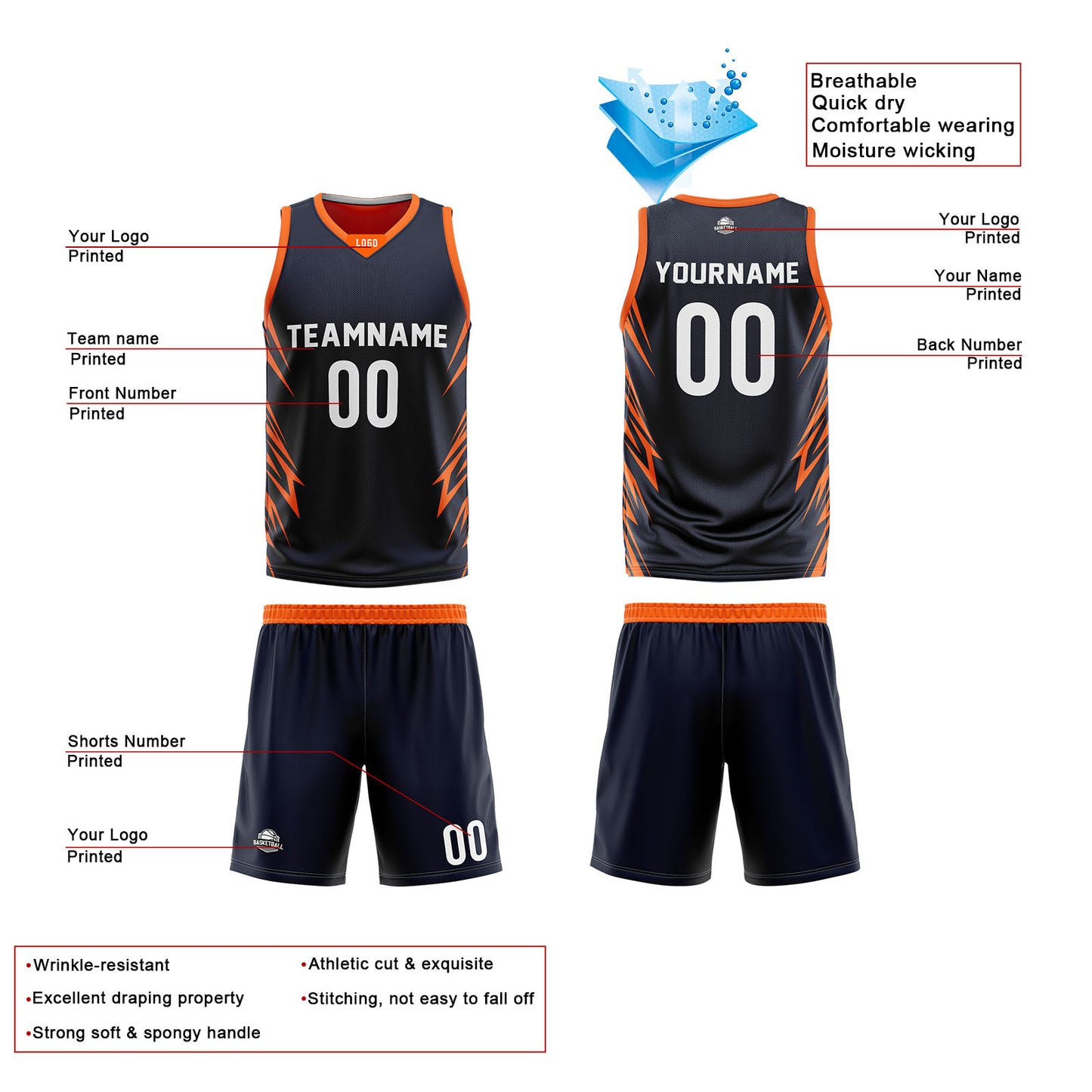 Custom Black Orange Reversible Basketball Jersey Uniform Suit Printed Your Logo Name Number