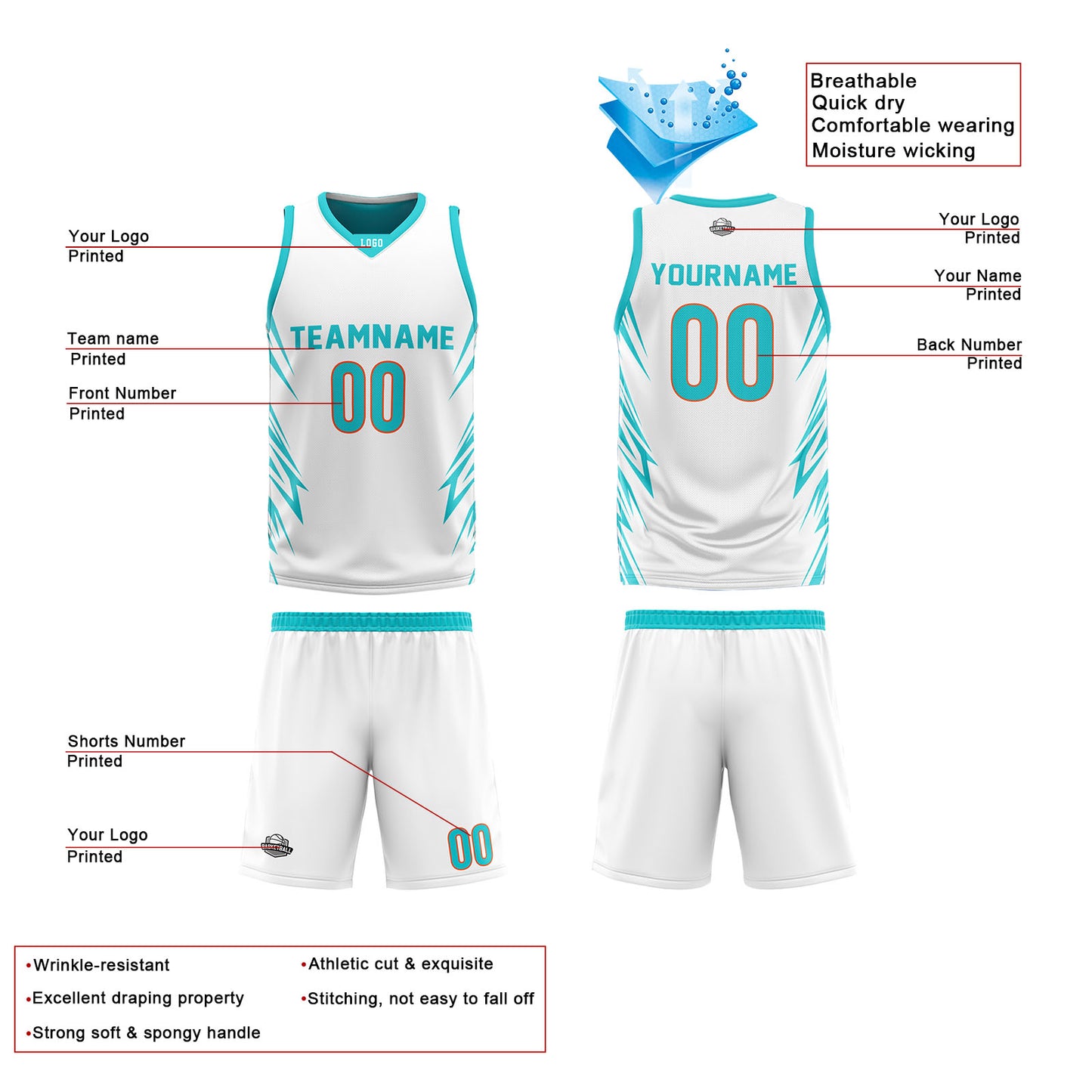 Custom White Cyan Reversible Basketball Jersey Uniform Suit Printed Your Logo Name Number