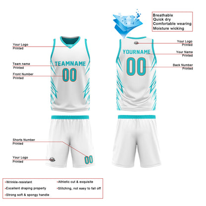 Custom White Cyan Reversible Basketball Jersey Uniform Suit Printed Your Logo Name Number