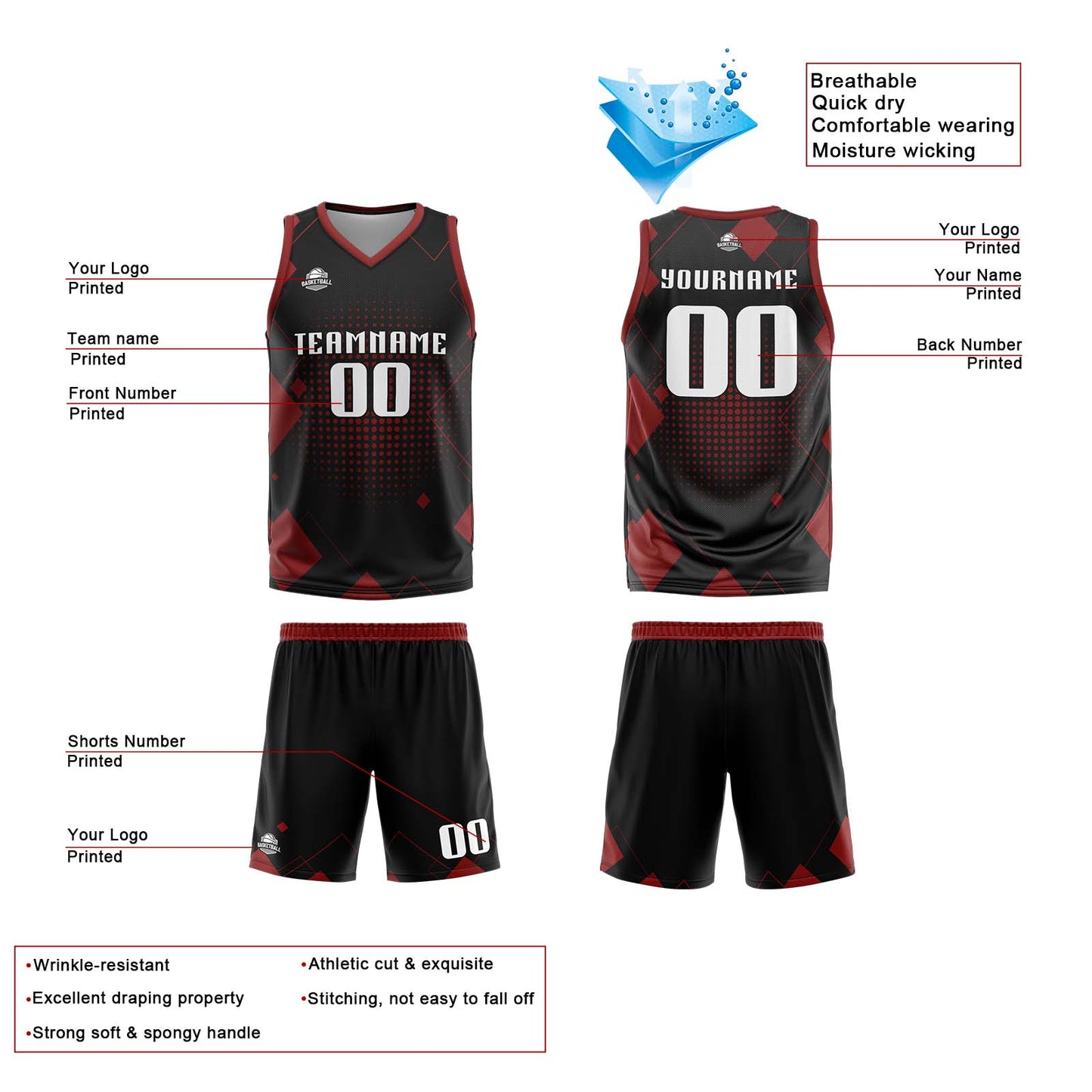 Custom Geometry Red Basketball Jersey Uniform Suit Printed Your Logo Name Number