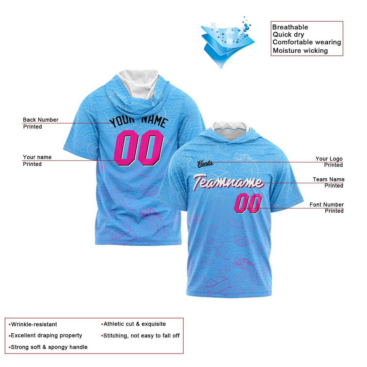 Custom Light Blue Pink Hooded T-Shirt Short Sleeve Hoodies for Men Women Shirts with Hoods Printed Name Logo