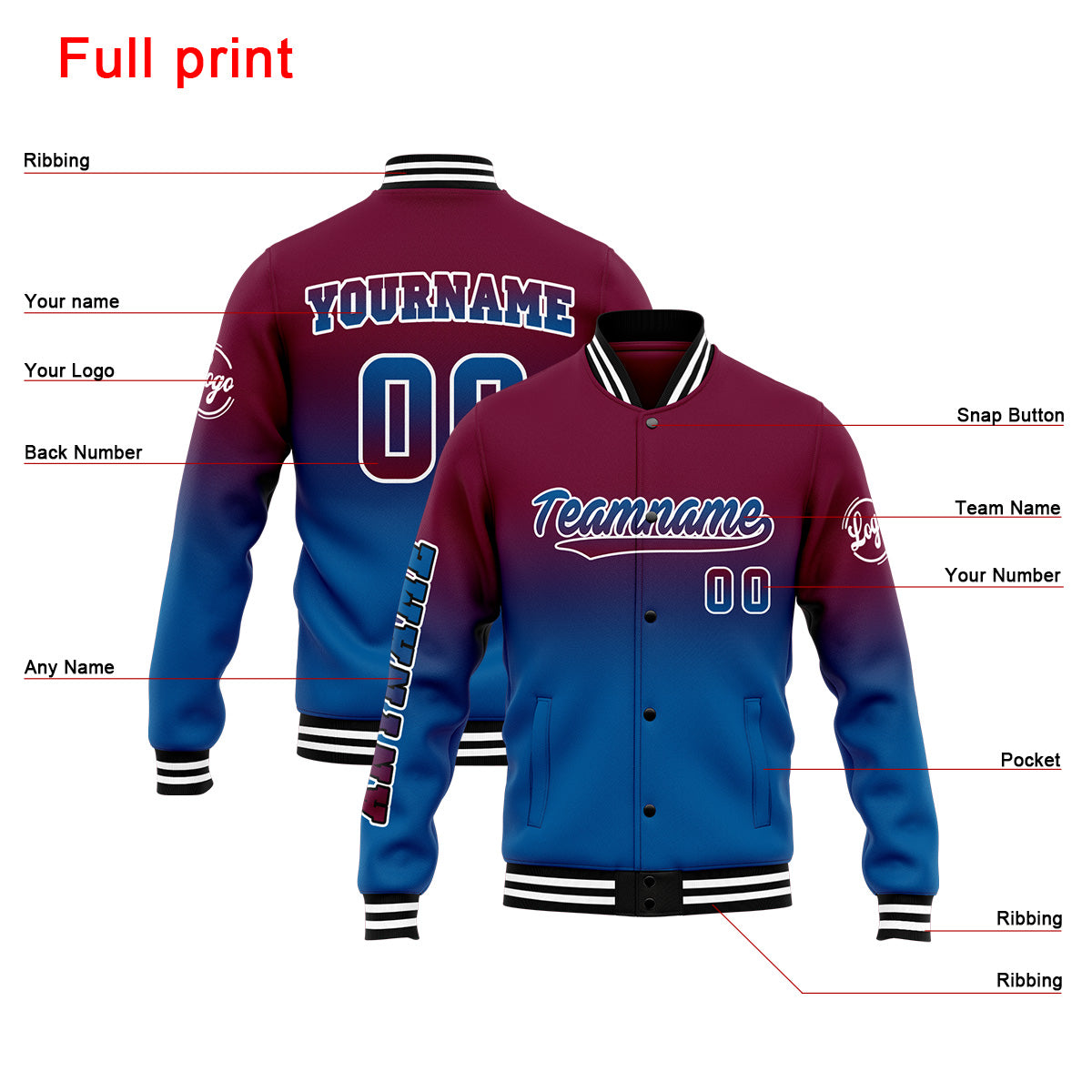 Custom Gradient Varsity Jacket Letterman jacket for Men, Women and Youth Burgundy Blue
