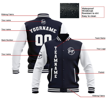 Custom Navy White Waterproof Varsity Jackets Personalized Stitched Name Number Logo to Letterman Jackets