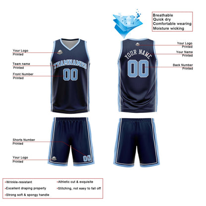 Custom Navy White Light Blue Reversible Basketball Suit for Adults and Kids Personalized Jersey
