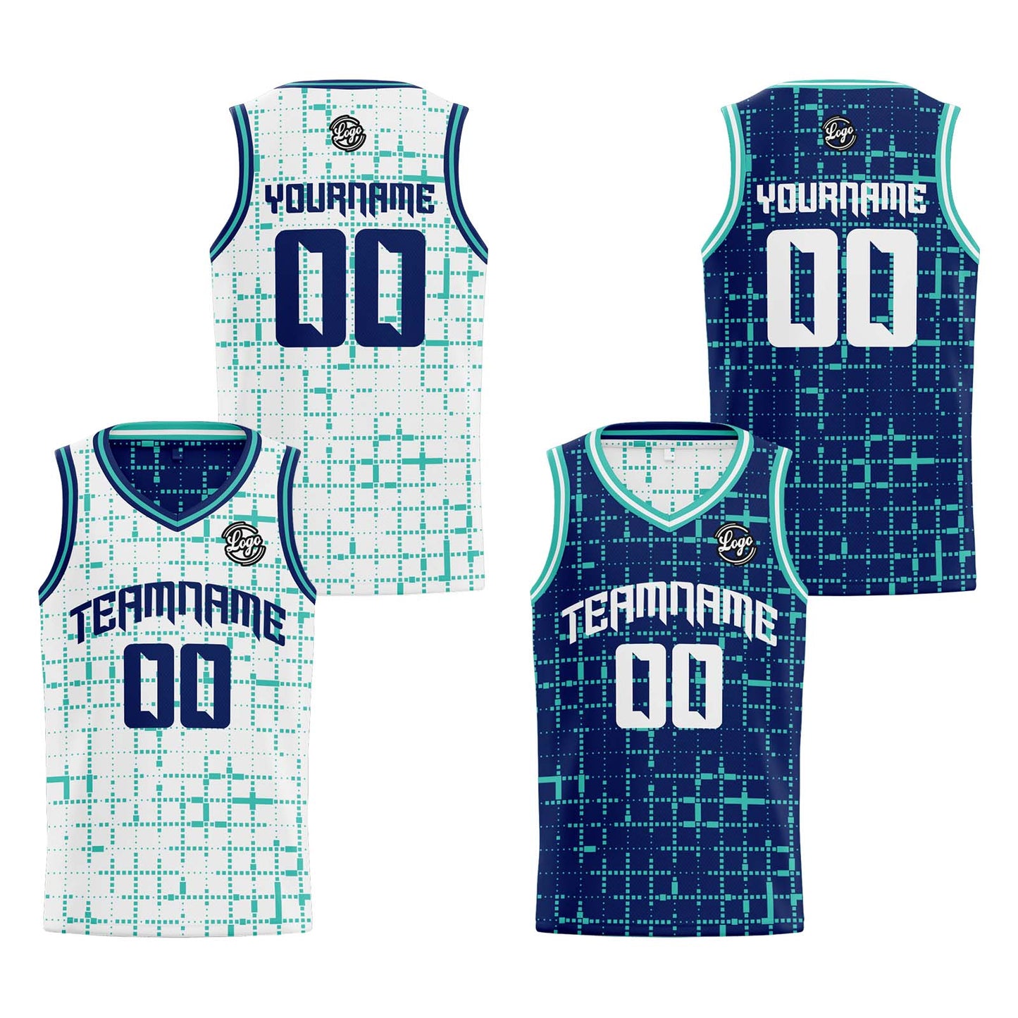 Custom White Teal Navy Reversible Basketball Suit for Adults and Kids Personalized Jersey