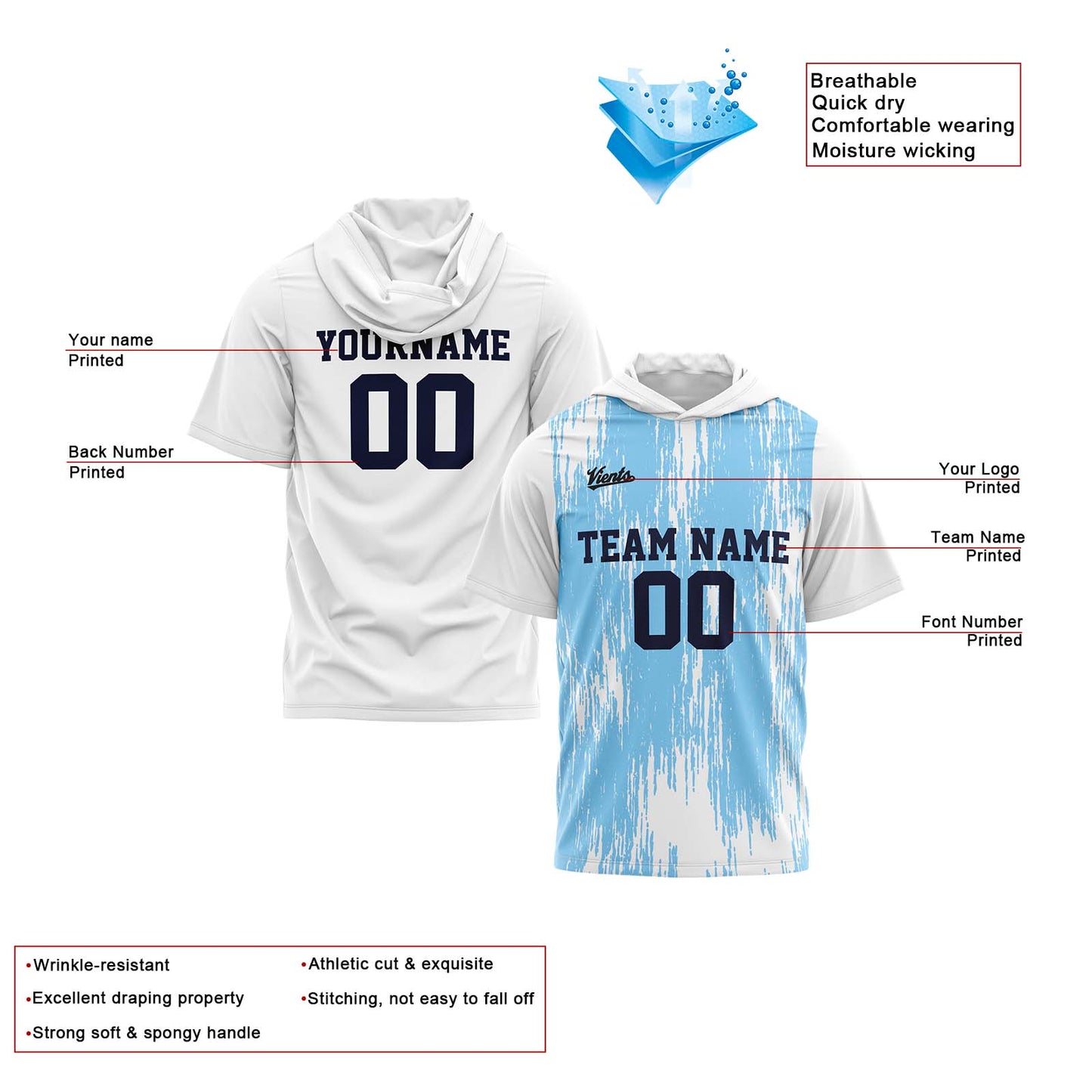 Custom White Light Blue Short Sleeve Hoodies for Men Women Shirts with Hoods Printed Name Logo