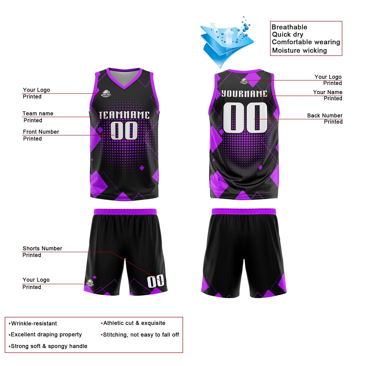 Custom Purple Reversible Basketball Suit for Adults and Kids Personalized Jersey