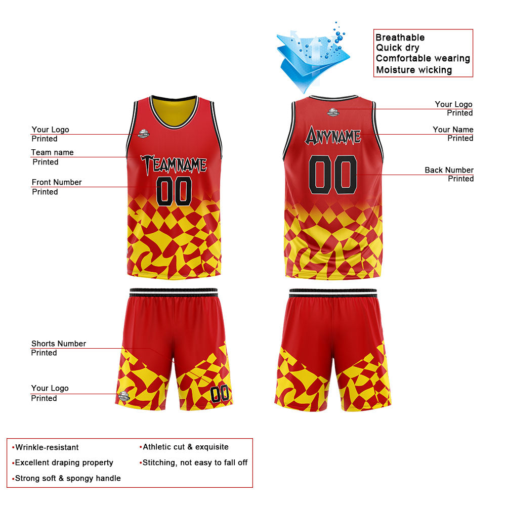Custom Reversible Basketball Suit for Adults and Kids Personalized Jersey Red&Yellow