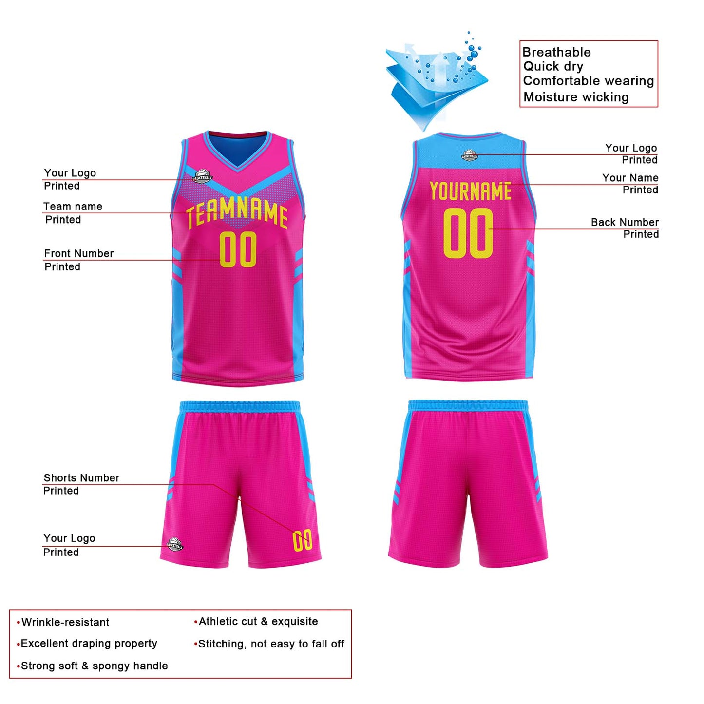 Custom Pink Light Blue Reversible Basketball Suit for Adults and Kids Personalized Jersey