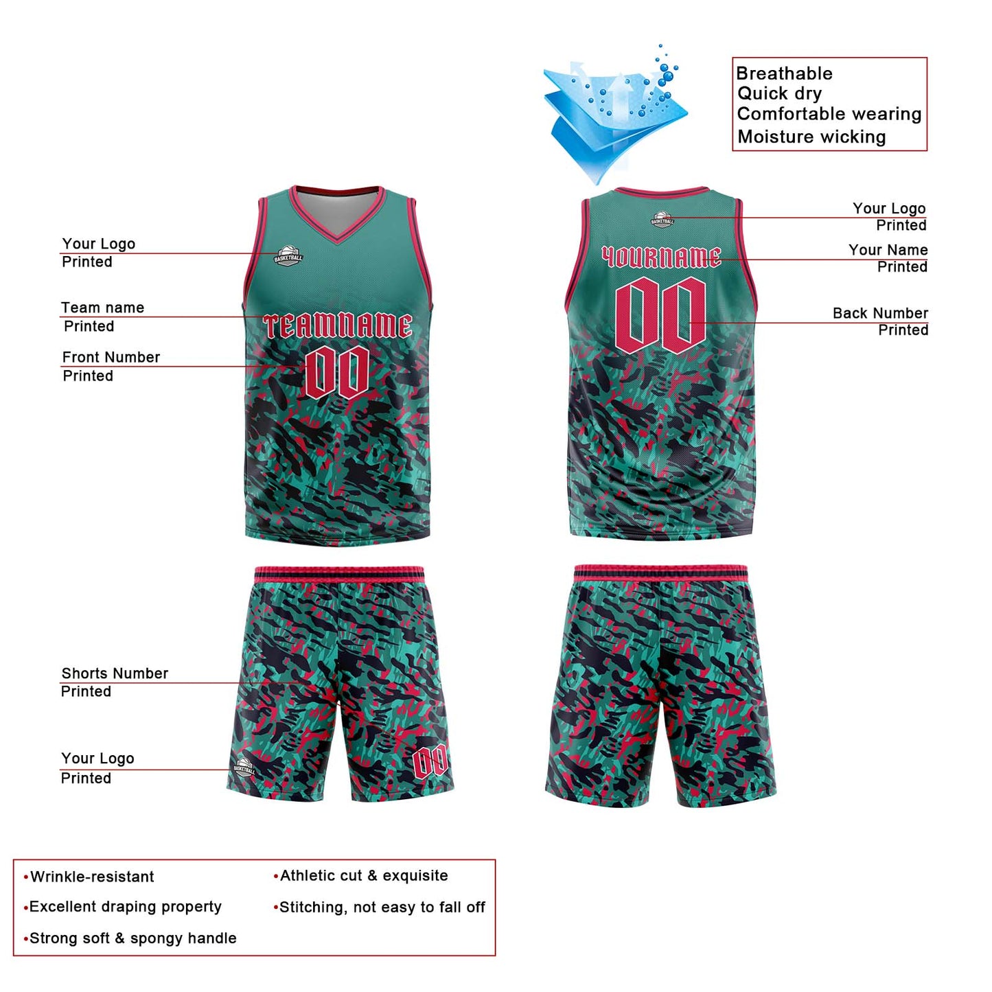 Custom Green Red Reversible Basketball Suit for Adults and Kids Personalized Jersey