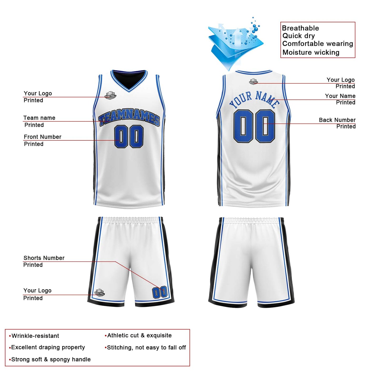 Custom White Black Royal Reversible Basketball Suit for Adults and Kids Personalized Jersey