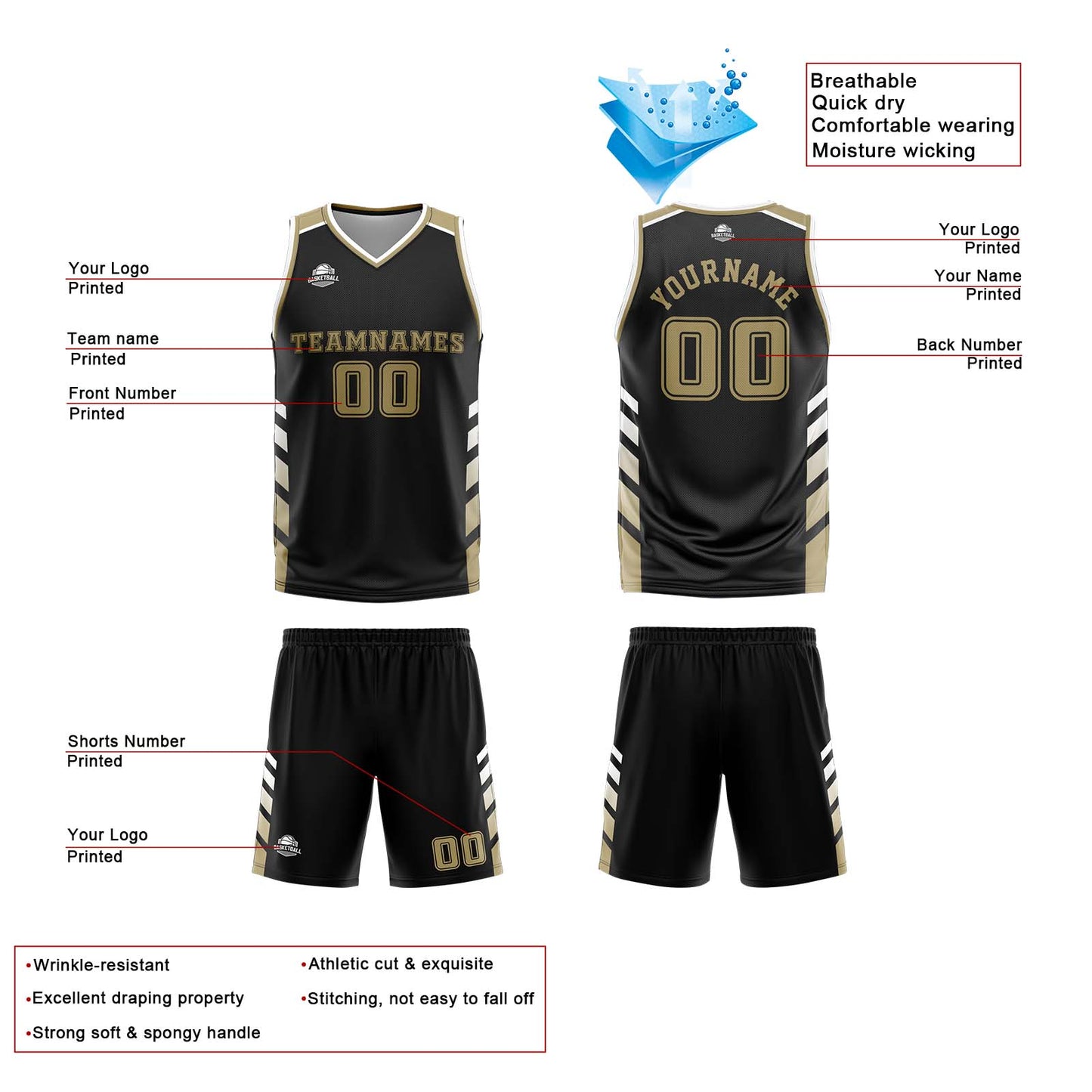 Custom Black White Gold Reversible Basketball Suit for Adults and Kids Personalized Jersey