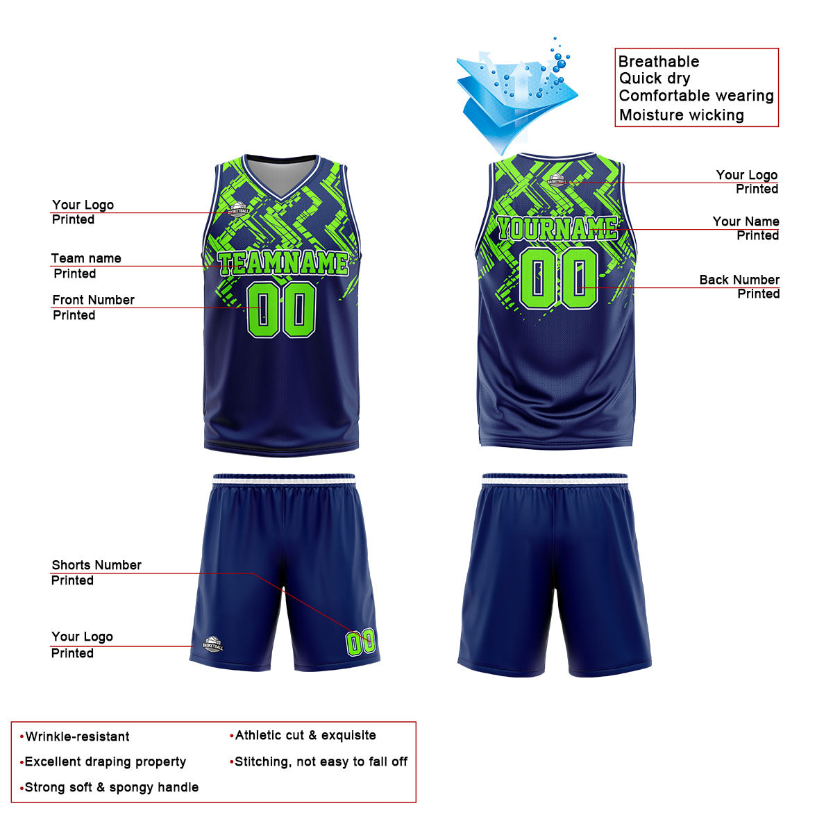 Custom Navy Neon Green Reversible Basketball Suit for Adults and Kids Personalized Jersey