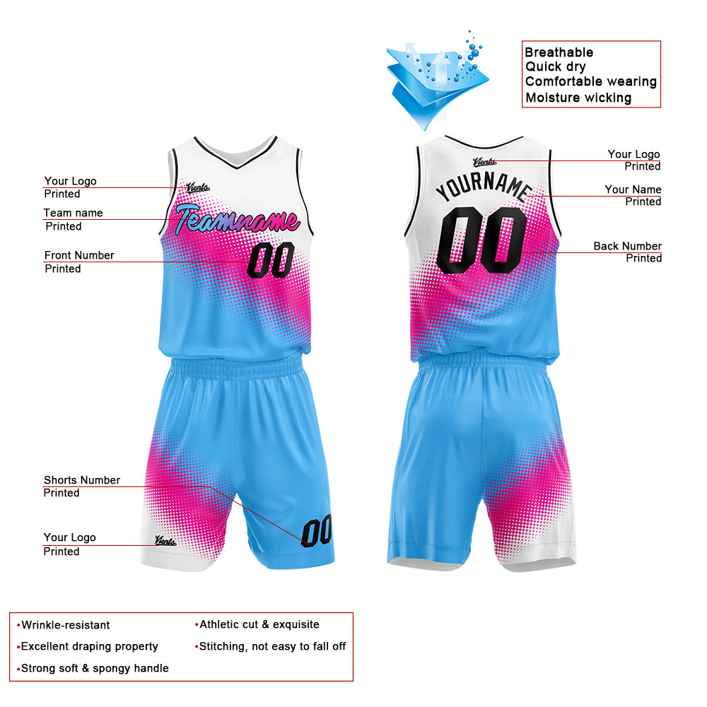 Custom White-Hot Pink-Light Blue Basketball Suit for Adults and Kids  Personalized Jersey