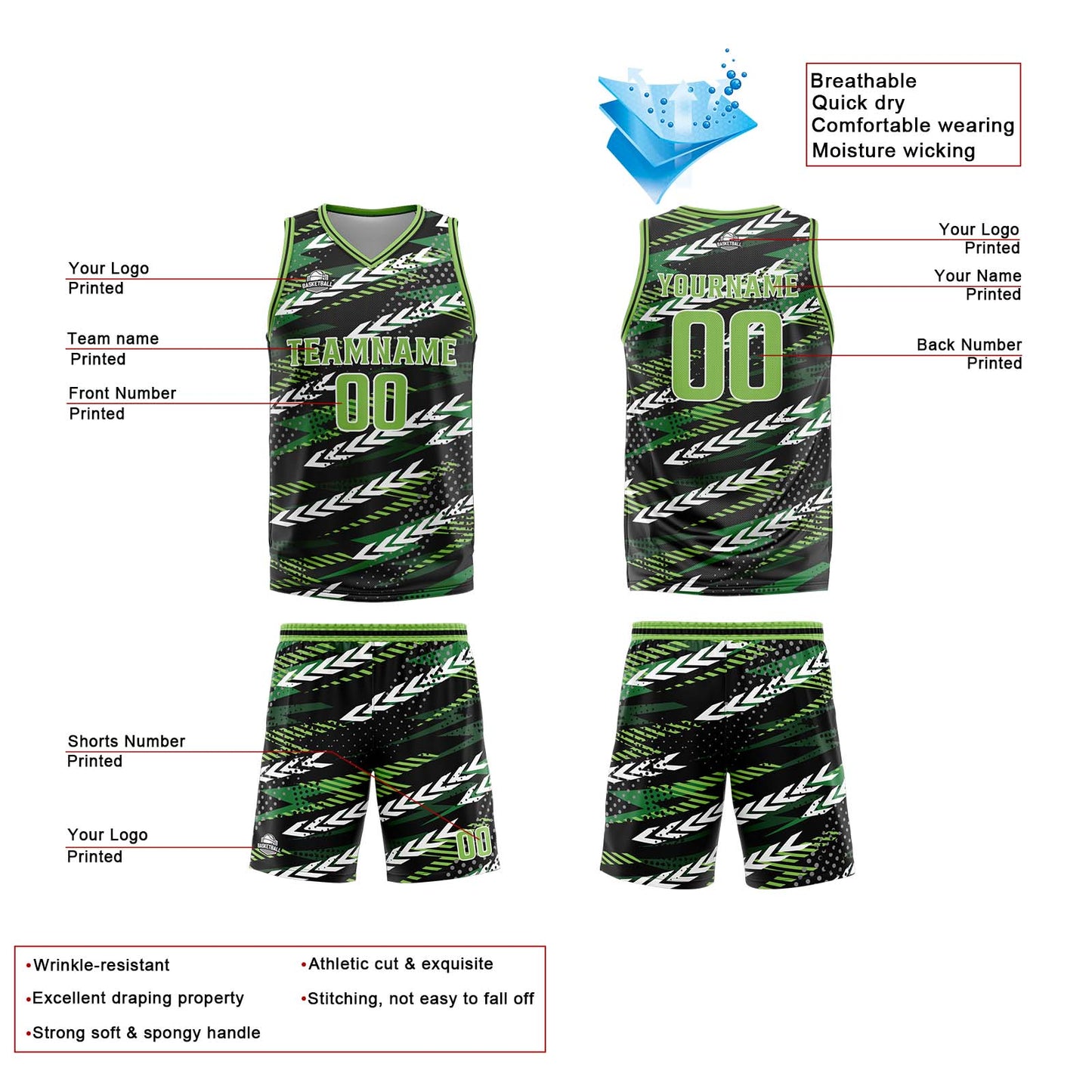Custom Black Dark Green Reversible Basketball Suit for Adults and Kids Personalized Jersey
