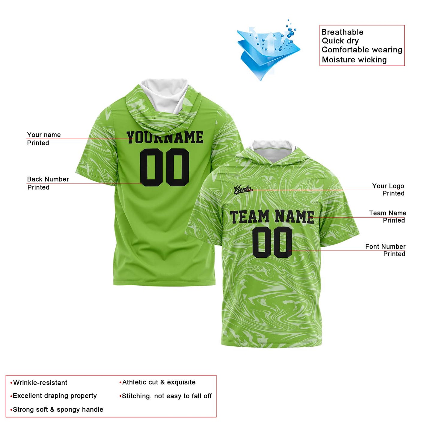 Custom Green Short Sleeve Hoodies for Men Women Shirts with Hoods Printed Name Logo